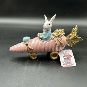 Pink and Gold Bunny Rabbit Figurine in Carrot Car, Easter